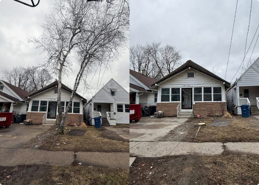 Split before and after photo of tree removal